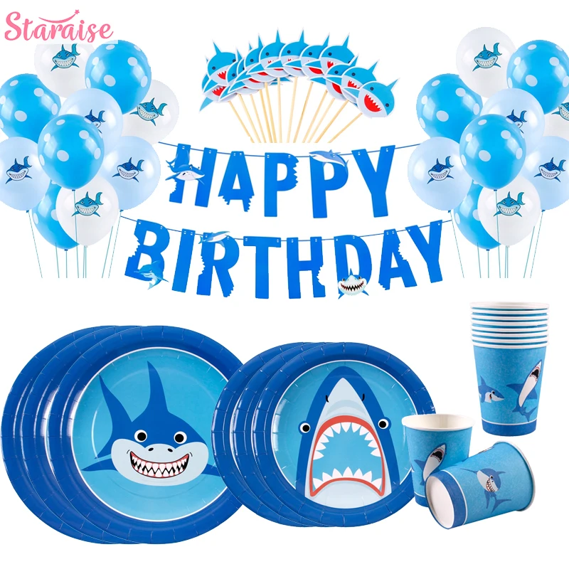 

Staraiae 8pcs Happy Birthday Shark Disposable Paper Tableware Ocean Party Decor For Kid Birthday Baby Shower Boy Party Supplies
