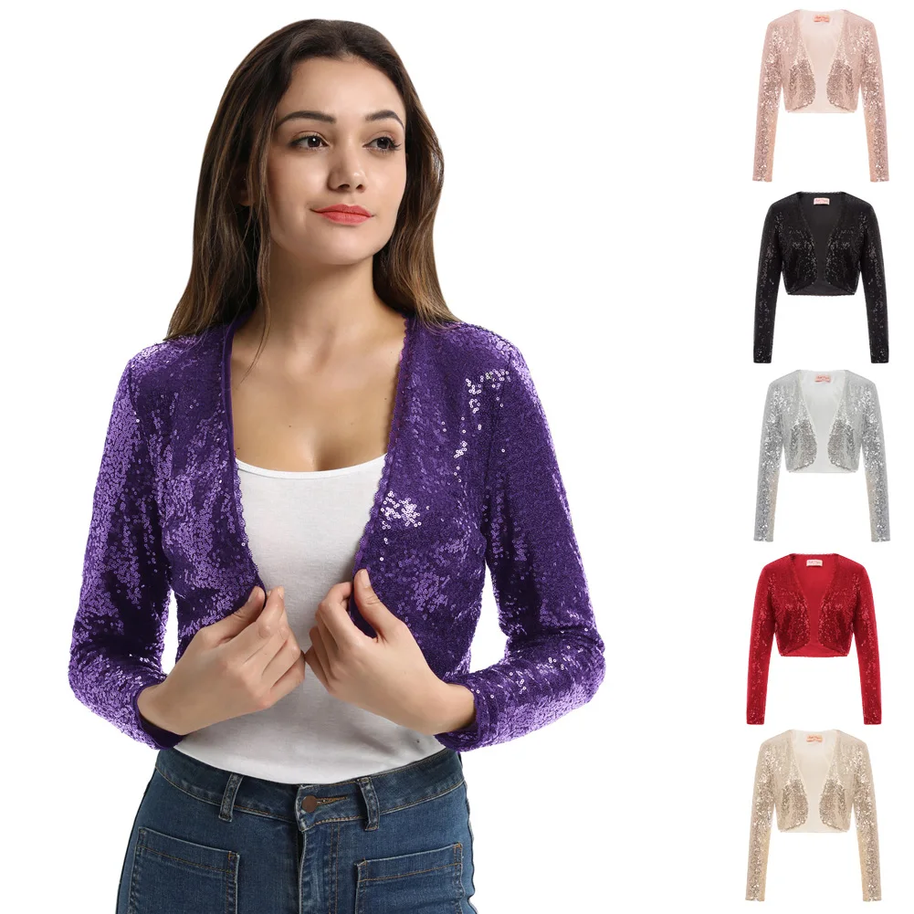 Belle Poque Women's Jacket Clothes Shining Sequined Long Sleeve Cropped Length Open Front Bolero Shrug New Spring Autumn Tops