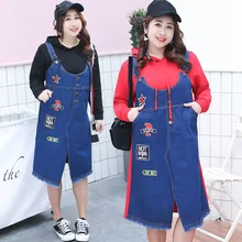 Весенне-осеннее Новое Стильное платье больших размеров для девочек, платье на бретелях в стиле колледжа, большой размер, имитация двух предметов, 1050