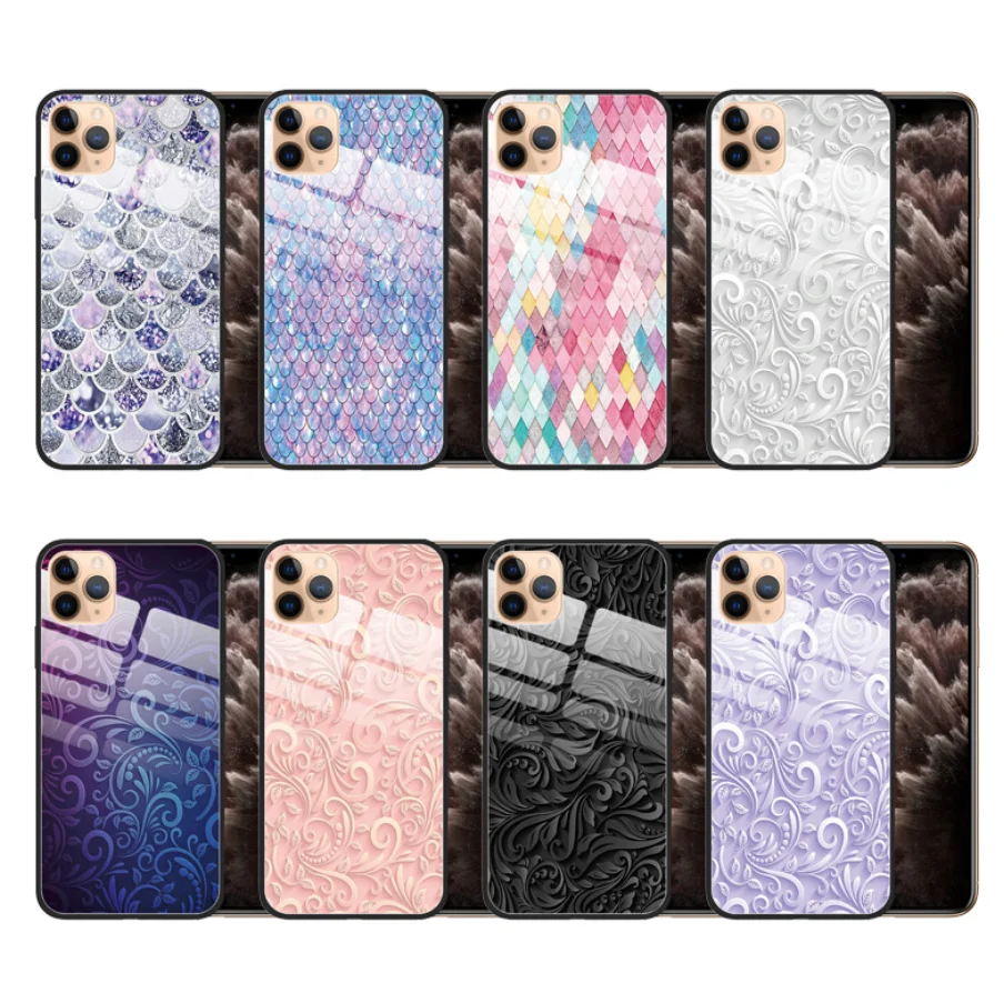 

Flower vine Tempered Glass Case Geometric Fundas Back Cover for iPhone 11 Pro Max 7 Plus 8 Plus X XR XS Max 6S Plus Capa Coque