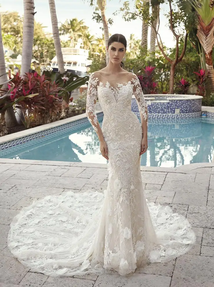 

New Design Mermaid Wedding Dresses 2021 Sccop Long Sleeves Court Train Lace Button Back Bride Gowns Vestido de noiva