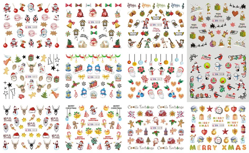 12 видов конструкций в 1 Набор Зимний Рождественский стиль Снежинка Полный Обертывания дизайн ногтей переводные наклейки для ногтей Маникюрные наклейки DIY BN229-240 - Цвет: BN1009-1020