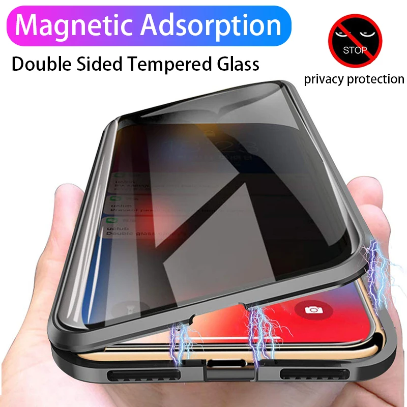 

Magnetic Adsorption Tempered Glass Privacy Metal Phone Case Coque 360 Magnet Antispy Cover For IPhone 12 Mini Pro Max 11 X XS XR