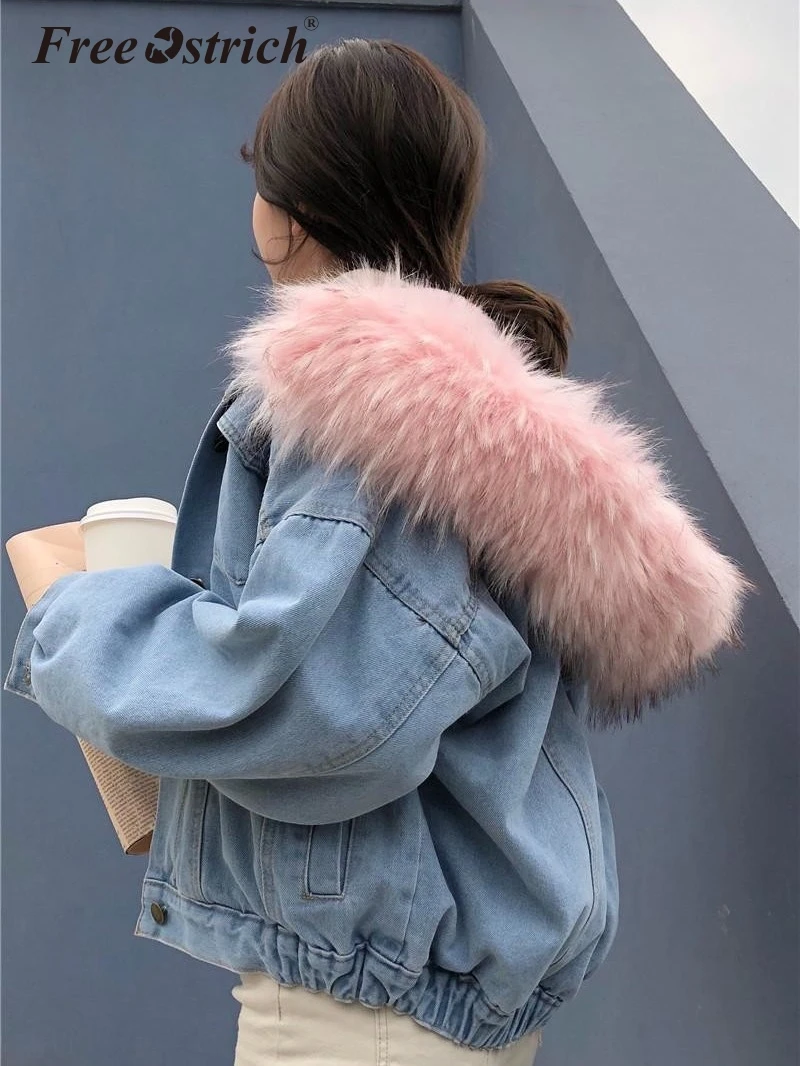 Most effective  Free Ostrich Women Jean Jacket Winter Thick Jean Jacket Faux Fur Collar Fleece Hooded Denim Coat Fe