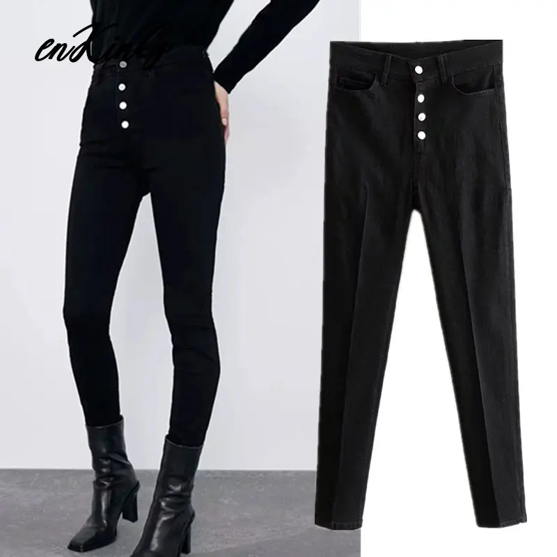 

2020 england vintage black za jeans woman high waist jeans single breasted push up supper skinny sexy jeans for women