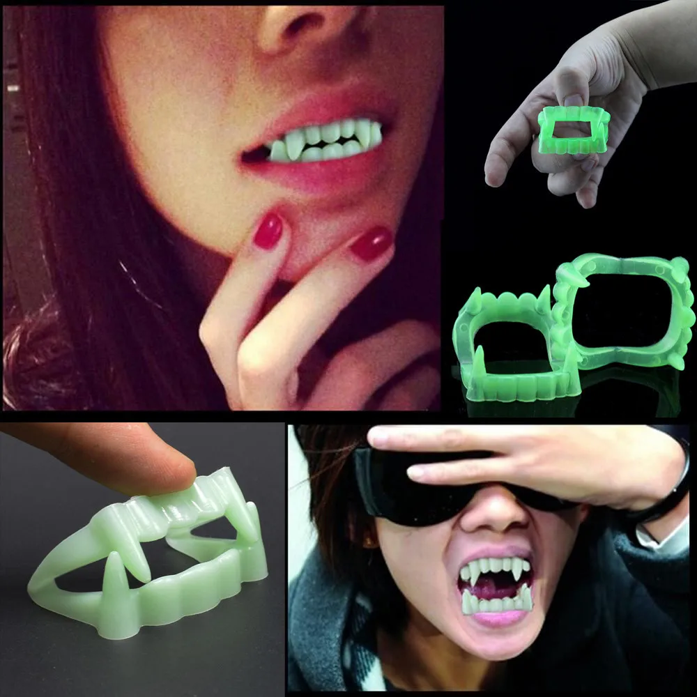 

2Pcs Halloween Toy Devil Tooth Fangs Caps Glow in the dark Decorative Vampire Luminous Denture Halloween Party Props Cosplay