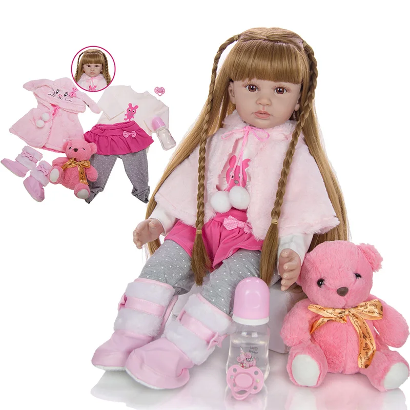 Мультяшная кукла-Реборн, мягкая силиконовая виниловая, 60 см, накидка, Reborn Boneca, длинные волосы, Реалистичная принцесса, подарки на день рождения, игрушки