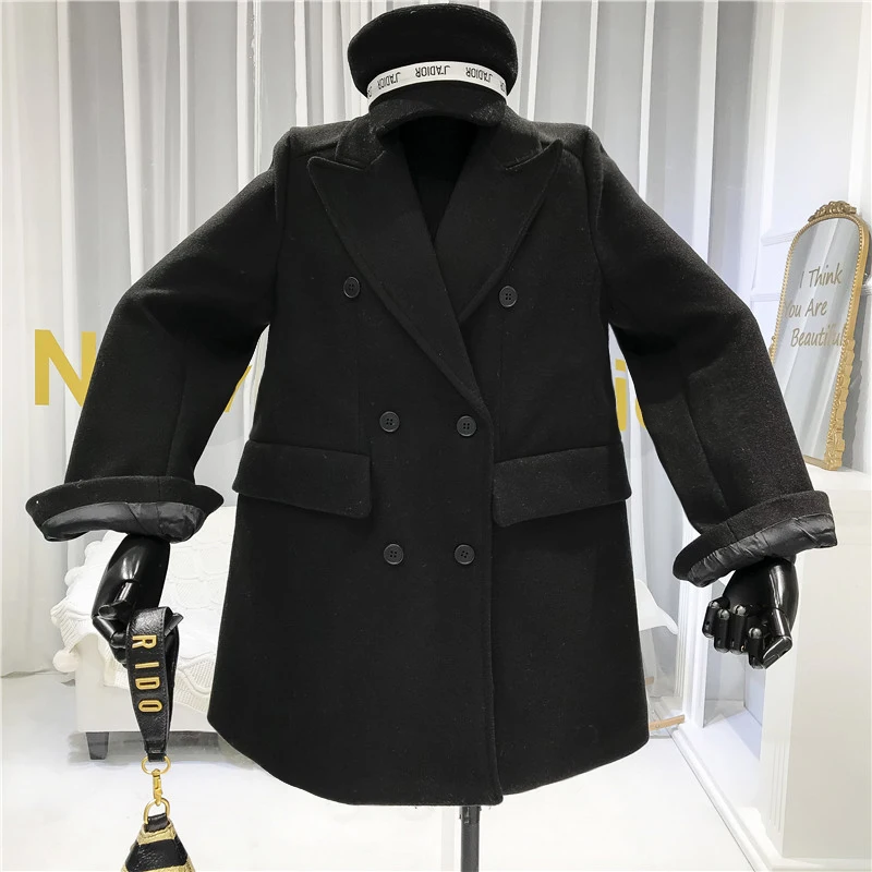 Двубортное зимнее пальто для женщин Abrigos Mujer Elegante отложной воротник на пуговицах однотонный Блейзер Куртка Теплый Толстый черный
