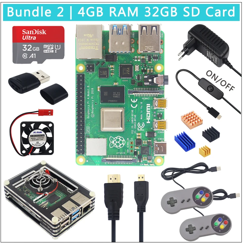 Комплект 2 UK Raspberry Pi 4 Модель B игровой комплект+ 64 32 Гб sd-карта+ акриловый чехол+ вентилятор+ 3а переключатель питания+ геймпады+ Micro HDMI - Комплект: Комплект 2