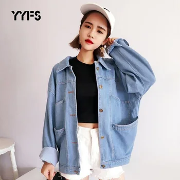 

Women Boyfriend Denim Jackets Big pockets Spring Streetwear Solid Jeans Jacket Female chaquetas mujer 2020 Denim Coats Outwear