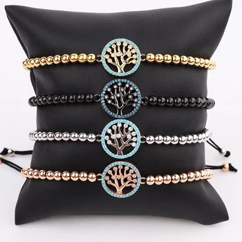 Classic Design CZ Pave Life Tree Charm Small Stainless Steel Beads Macrame Bracelet Women Men
