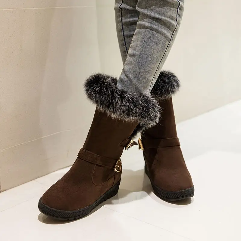 EGONERY/зимние сапоги с кроличьим мехом; модная зимняя женская обувь из флока на плоской подошве для прогулок; цвет красный, коричневый; ботильоны с круглым носком