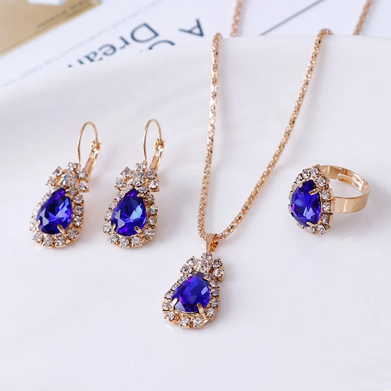 3Colors Jewelry Sets Hoop Earrings Water Drop Earrings Red Jewelry Set Rhinestones For Women Pendant Necklace/Earrings/Rings - Image 2