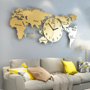 

Luxury World Map Wall Clock Modern Design Living Room 3D Decoration Elegant Large Metal Clocks Wall Watch Home Decor 45 inch