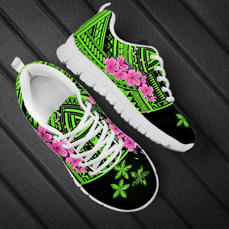 

FORUDESIGNS Women Hibiscus Flower Mesh Flats Shoes Tribe Polyneisan Plumeria Style Female Round Toe Sneakers Girls Walk Shoes