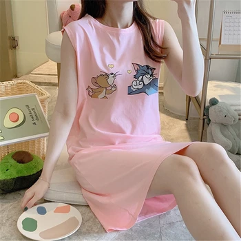 

Nightdress pink female summer cotton sexy nightware cute cartoon sleeveless vest long skirt loose and thin home service пижама