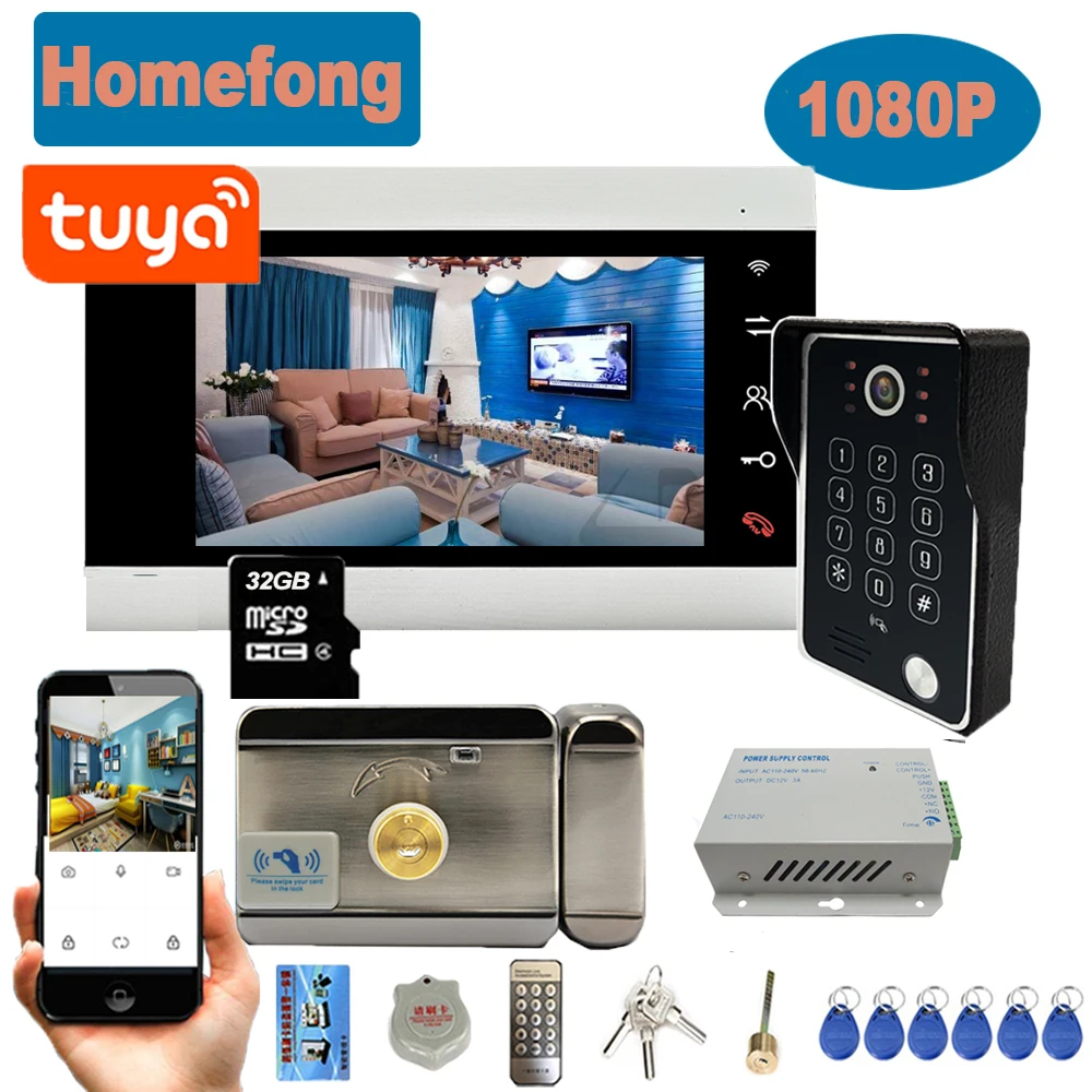 Homefong 1080P Tuya Wifi 7Inch Video Intercom Door Phone with Lock Wireless Smart Monitor Doorbell Camera Password RFID | Безопасность и