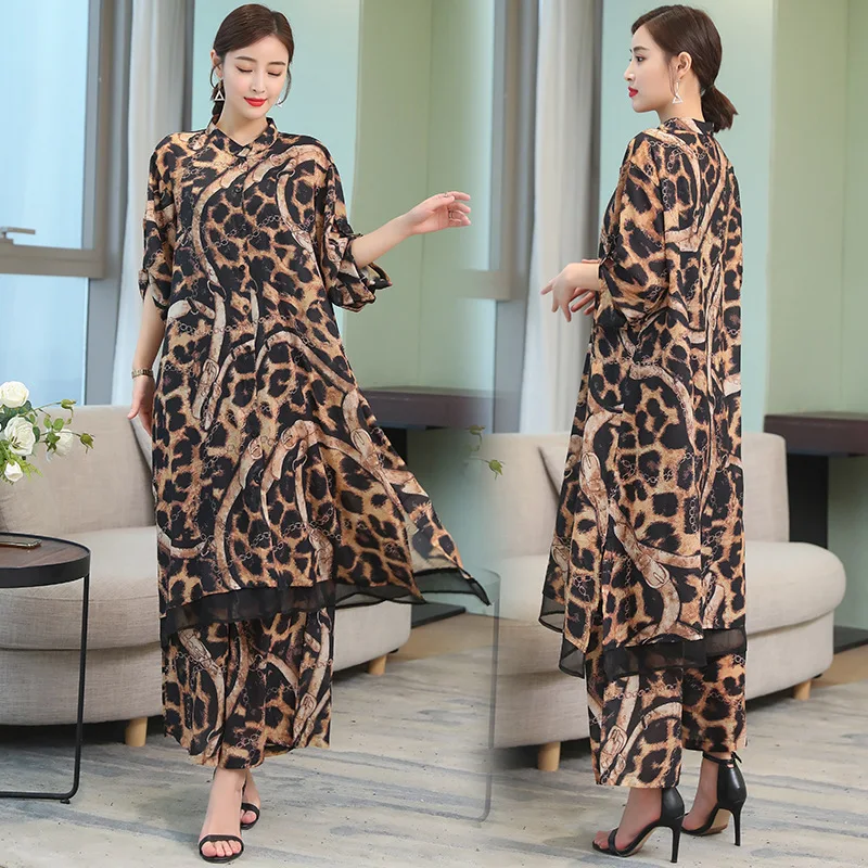 

2019 Summer New Style Literature And Art Korean-style Elegant Large Size Slimming Leopord Pattern Tops + Elastic Waist Loose Pan
