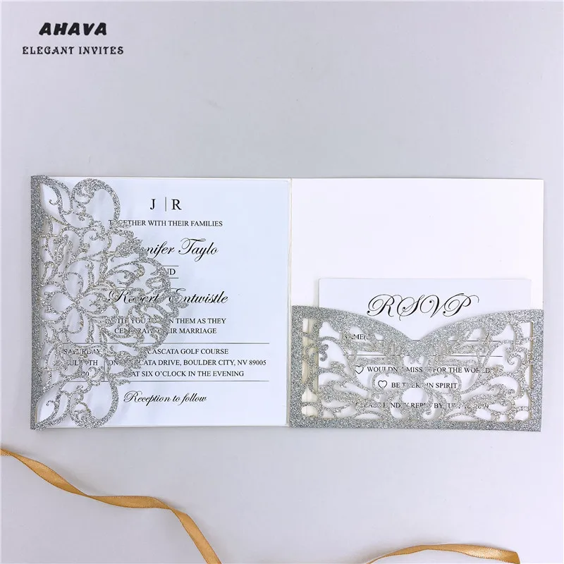 

Free Shipping 50pcs Glitter Silver Laser Cut tri-fold Wedding Invitation Cards Kit Envelope Personalized Pocket Invite RSVP