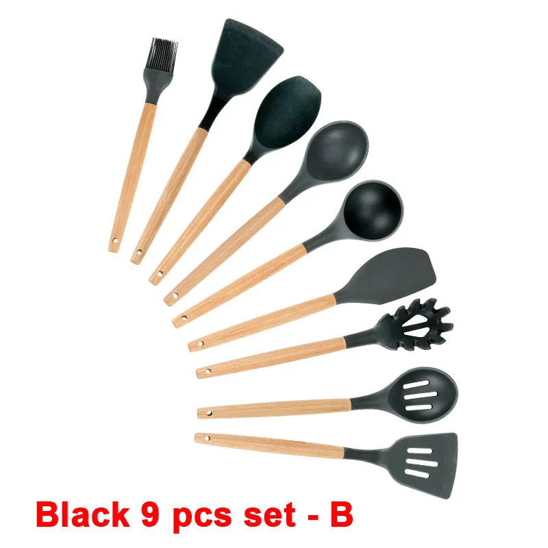 Black 9 pcs set - B Набор кухонных силиконовых кухонных принадлежностей с антипригарным шпателем лопата с деревянной ручкой набор кухонных инструментов с ящиком для хранения кухонные инструменты - Цвет: Black 9 pcs set - B