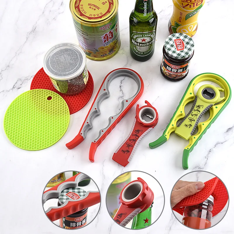 

3pcs Kitchen Bottle Opener Creative Four In One Can Opener Insulation Mat Wine Opener Multifunction Beer Bottle Opener Set