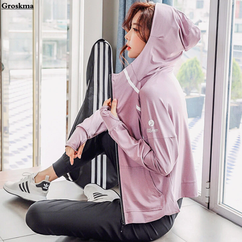deportivos para mujer, de secado rápido para gimnasio, tops de manga larga, ropa de para mujer, chaqueta con capucha y cremallera|Chaquetas de ejercicio y - AliExpress
