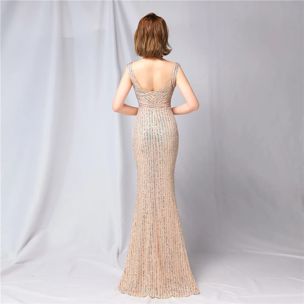 2022 New Women Double Colour Sequins Long Party Gown Robe Soiree Elegant Formal Dress Vestido Sexy V Neck Mermaid Evening Dress modest prom dresses