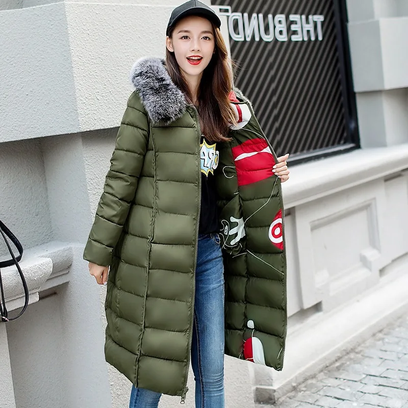

2019 Winter New Style Fashion Korean-style Mid-length Reversible down Jacket Cotton-padded Clothes Warm Hooded Large Fur Collar