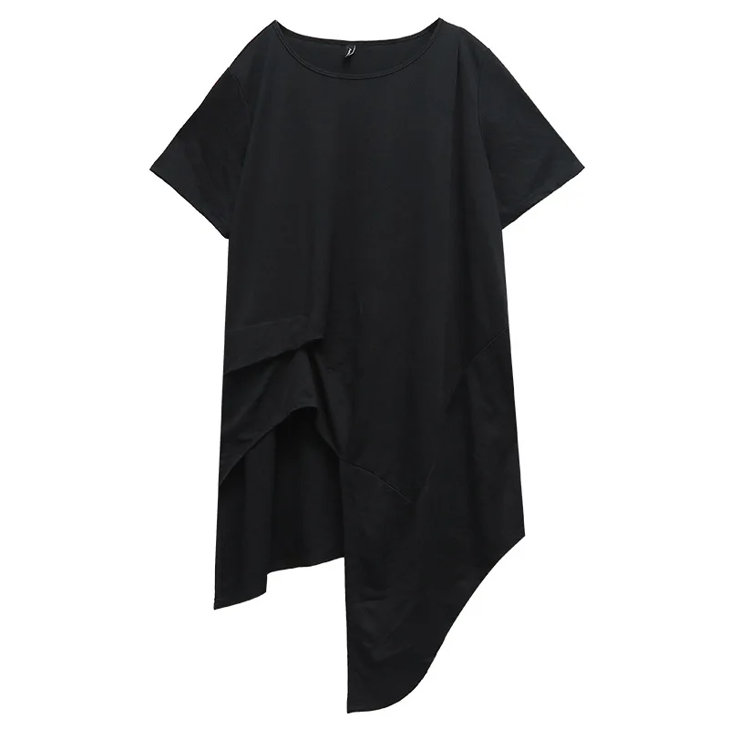 Women Black Fashion Irregular Split Long T-shirt New Round Neck