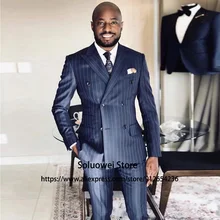 Navy Blue Stripe Suits For Men Double Breasted 2 Piece Jacket Pants Set Groom Wedding Peaked Lapel Tuxedo Formal Business Blazer