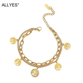 

ALLYES Gold Color Tree of Life Pendants Bracelet Multilayer Stainless Steel Chain Charm for Women Jewelry Gifts