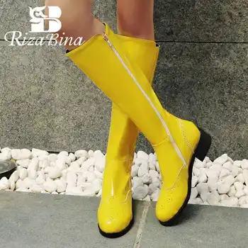 

RIZABINA Solid Colors Pu Leather Knee High Boots Daily Fashion Brand Luxury Flats Boots Zipper Winter Warm Boots Size 32-43