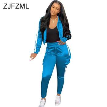 

Holographic Streetwear Two Piece Tracksuits Womens Set Turn-Down Collar Long Sleeve Zipper Bomber Jacket + Long Pants Outfit