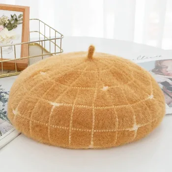 

NEW Style Women Winter Hat Knitted Wool Angora Beret Classic Patchwork Of Mink Flower Decoration Cap Double Warm Hat