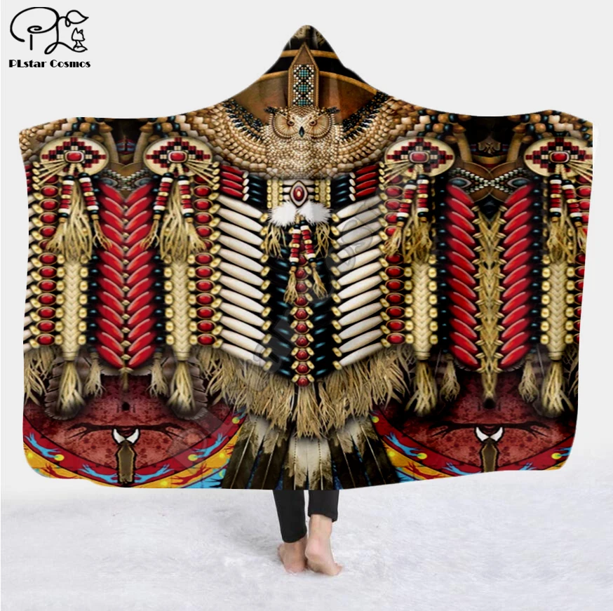 

Black Native Indian Lakota Skull buffalo soldier Hooded Blanket 3D full print Wearable Blanket Adults Kids style-3