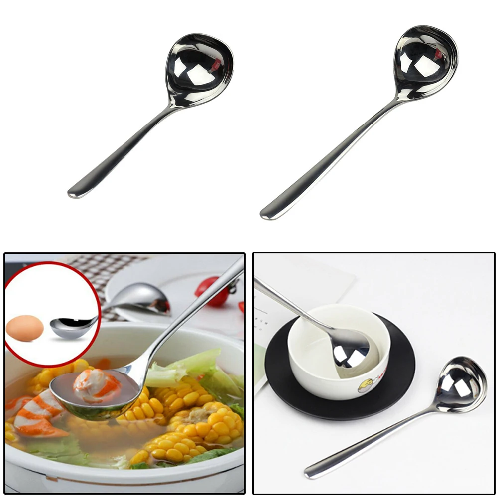 Long Handle Korean Rice Soup Spoon Stainless Steel Round Dinner Spoons