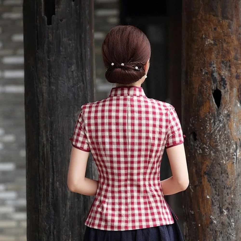 Oriental Plaid Women Plus Size Tangzhuang Lattice Chinesische Kleidung Traditional Chinese Shirts Chinois Cotton Cheongsam Tops