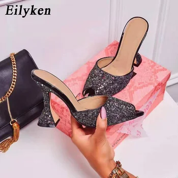 

Eilyken 2020 Summer New Shoes Woman Lycra fluorescent Mules glitter Peep toe Slides High heel Slippers Slip on Fashion Sandals