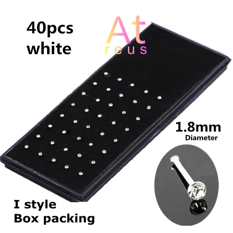 40pcs I white box 60/40/24/10 шт Кристалл Нос кольцо& гвозди Для женщин, ювелирные изделия для девушек, хирургический стальной Нос Пирсинг белый/Красочные Стразы Украшения для пирсинга - Окраска металла: 40pcs I white box