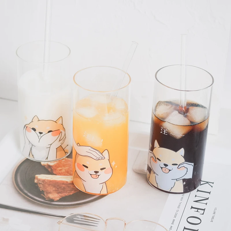 Креативная каваи Сиба ину термостойкая стеклянная чашка с соломинкой милый мультфильм офисная кофейная кружка стакан индивидуальная молочная кофейная чашка