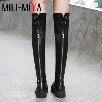 

MILI-MIYA New Arrival Fashion Motorcycle Women Boots Cow Leather Microfiber Middle Back Zipper Square Heels Round Toe Size 34-42