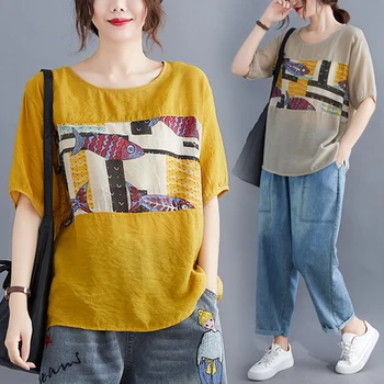 

Actual Photo New Women Loose Thin Shirt Womens Tops And Blouses Patchwork O-neck Casual Ladies Plus Size 3xl Casual Yellow Blue