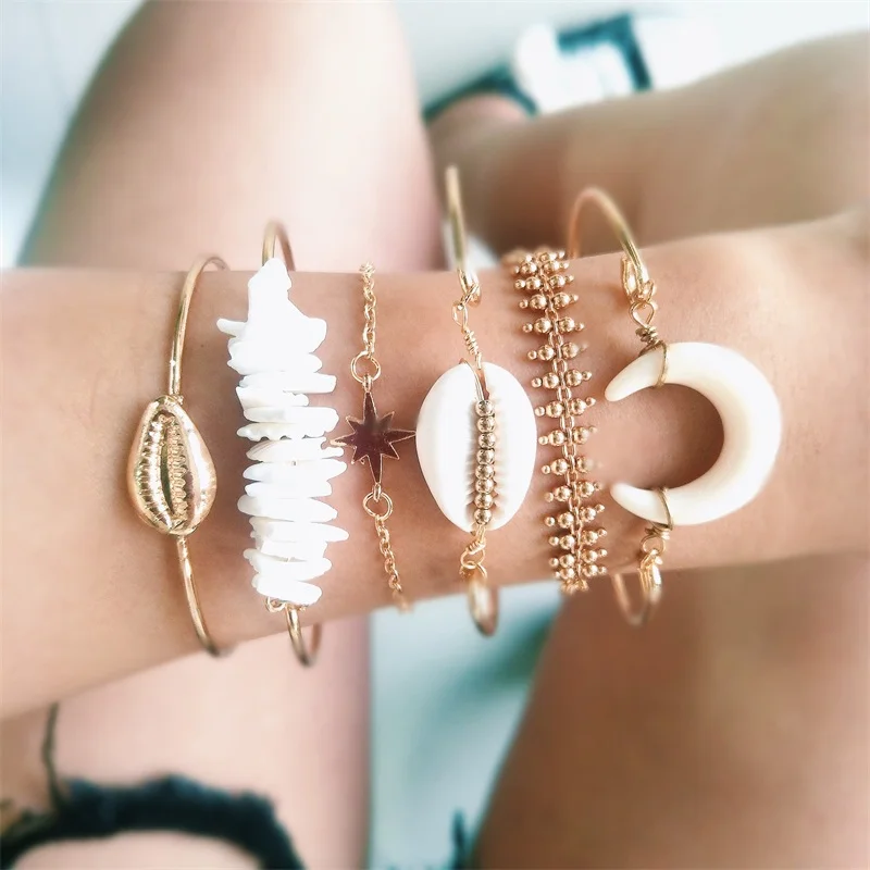 

6 Pcs/ Set Boho Women Shell Bracelets Classic Star Moon Bead Chain Gold Gem Multilayer Bracelet Set Fashion Party Lover Gift