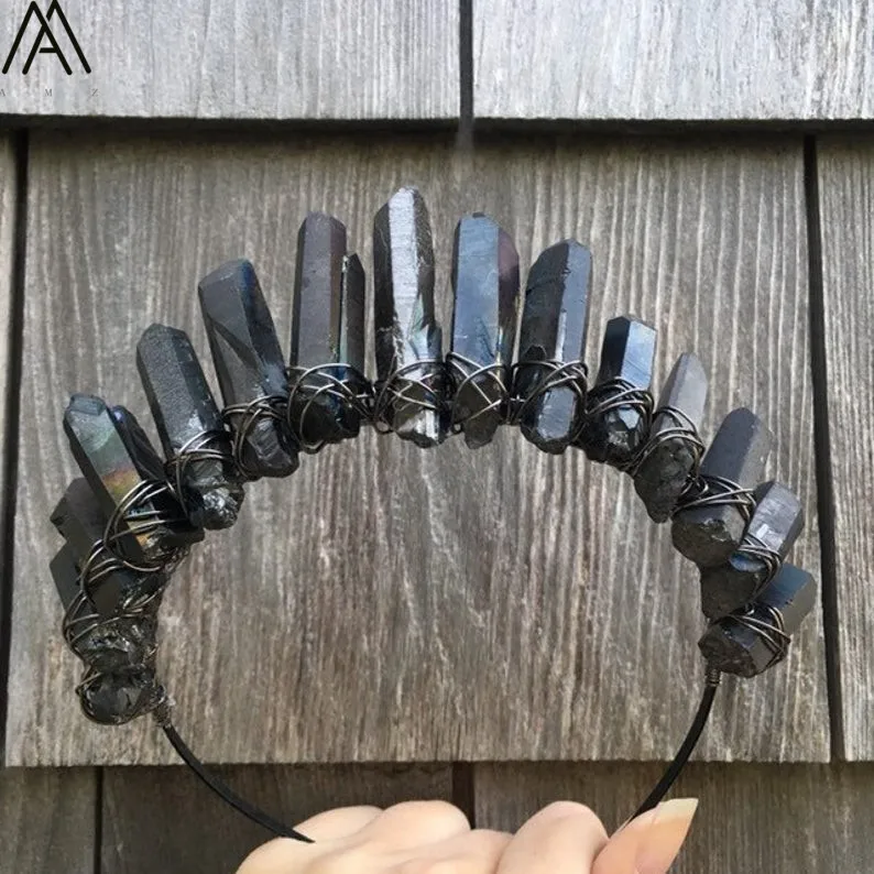 Gun Black Wire Wrapped Color Quartz Point Crown Headband For Women Crystal Tiara Wedding Hair Jewelry HG094AMCI | Украшения и