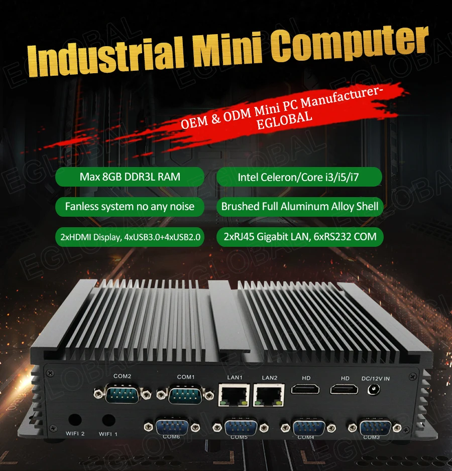 Elevate Your Workspace with Eglobal Industrial Mini PC - Intel Core i3/i5, 2 RJ45 LAN, 2 HDMI, Linux Desktop Computer, 6 RS232 COMs, 8 USB, Windows Ready Description Image.