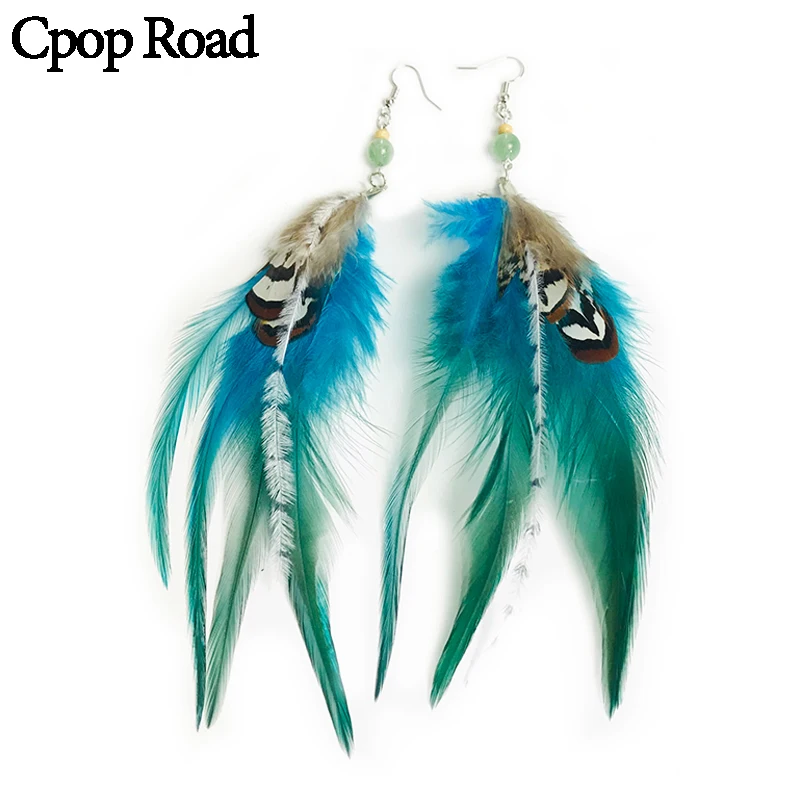 Cpop Boho природа красочные серьги с перьями природа подвеска с бусинами из камней заявление Этническая Серьга перо ювелирные изделия женские аксессуары