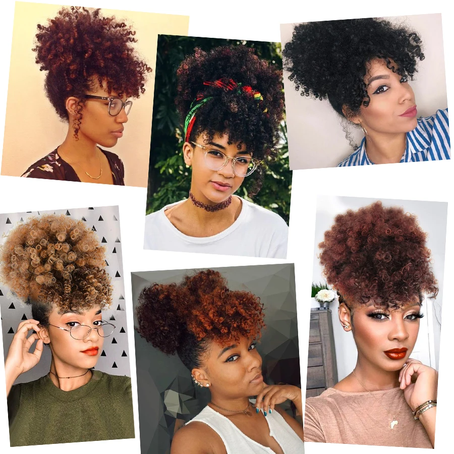 Synthetic Drawstring Kinky Curly High Puff Ponytail With Bangs Synthetic Curly Bangs Drawstring Ponytail With Balck Brown