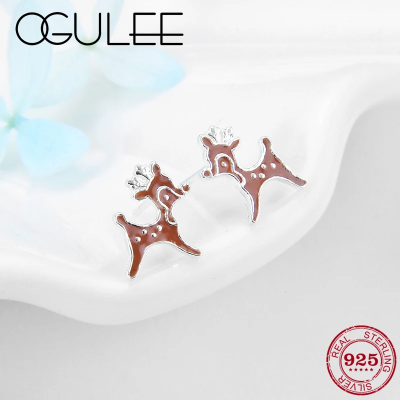 DIY Gift Cute Animal Earrings 925 Sterling Silver Brown Enamel Sika deer Small Stud Earrings for Women Girl Fine Jewelry