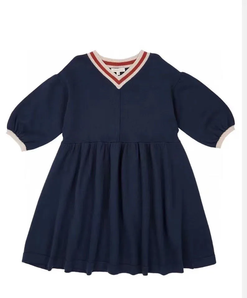 

Brand 2020 New Summer Navy Blue V-neck Princess party Girls Clothing Half-sleeve Boutique Girls Dress pretticoat 24M-12T