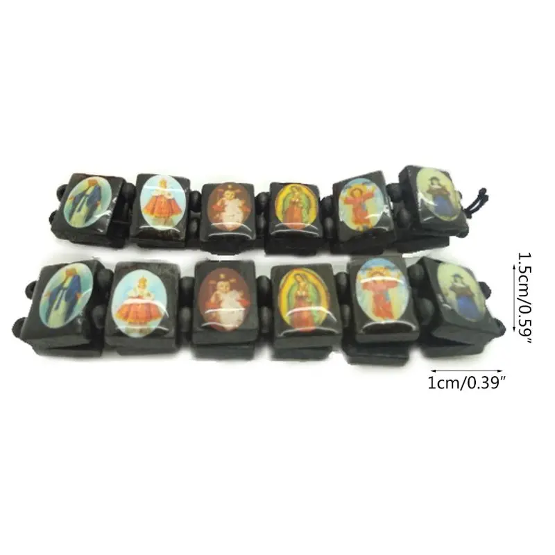 4pc Catholic Jewelry Christian Supplies Wooden Icon Elastic Bead Bracelet Gift M6CE